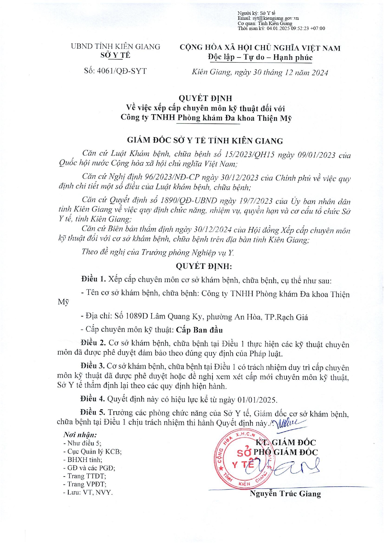 QUYẾT ĐỊNH VỀ VIỆC XẾP CẤP CHUYÊN MÔN KỸ THUẬT ĐỐI VỚI CTY TNHH PKĐK THIỆN MỸ