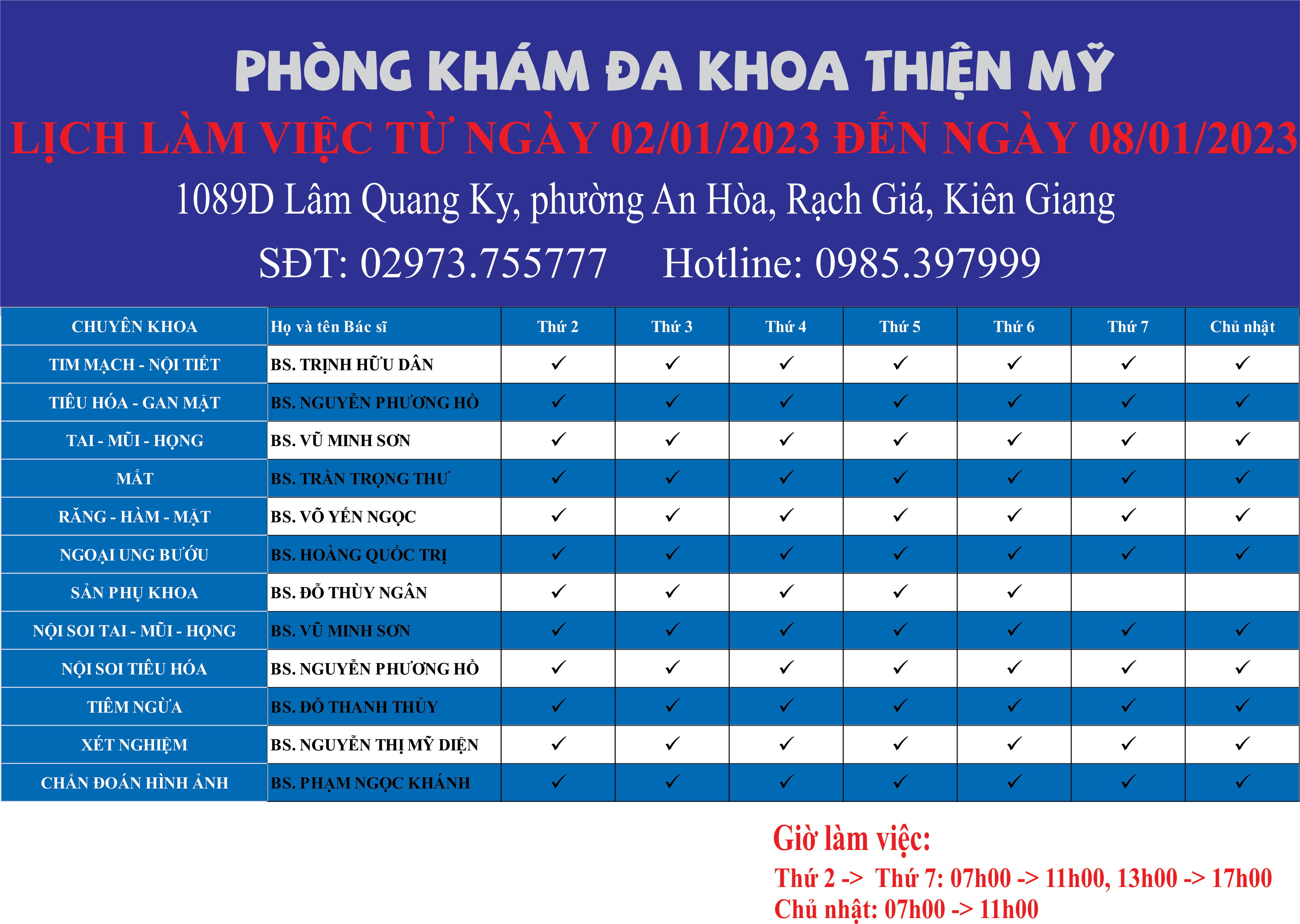 LỊCH LÀM VIỆC TỪ NGÀY 02/01/2023 ĐẾN NGÀY 08/01/2023