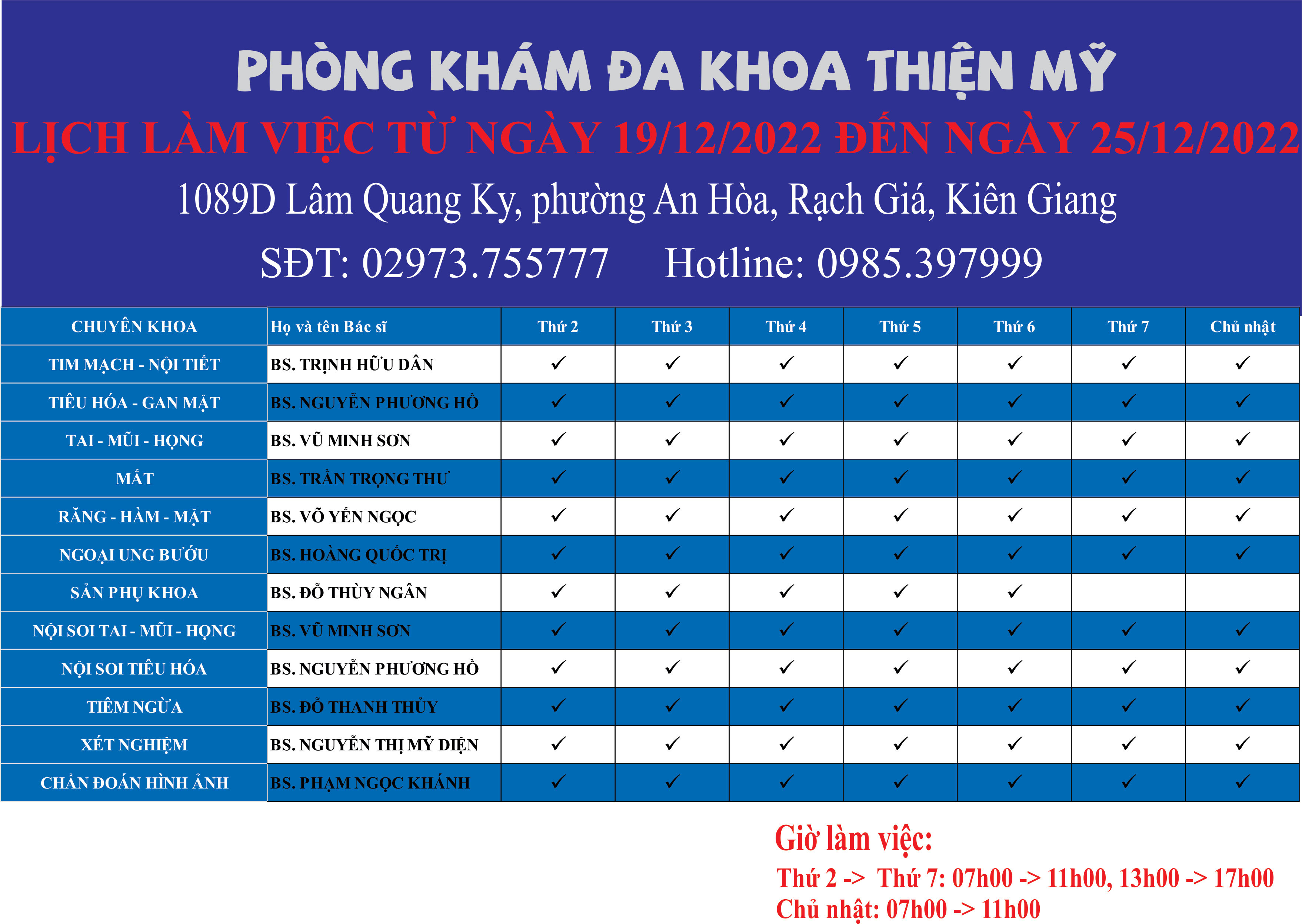 LỊCH LÀM VIỆC TỪ NGÀY 19/12/2022 ĐẾN NGÀY 25/12/2022