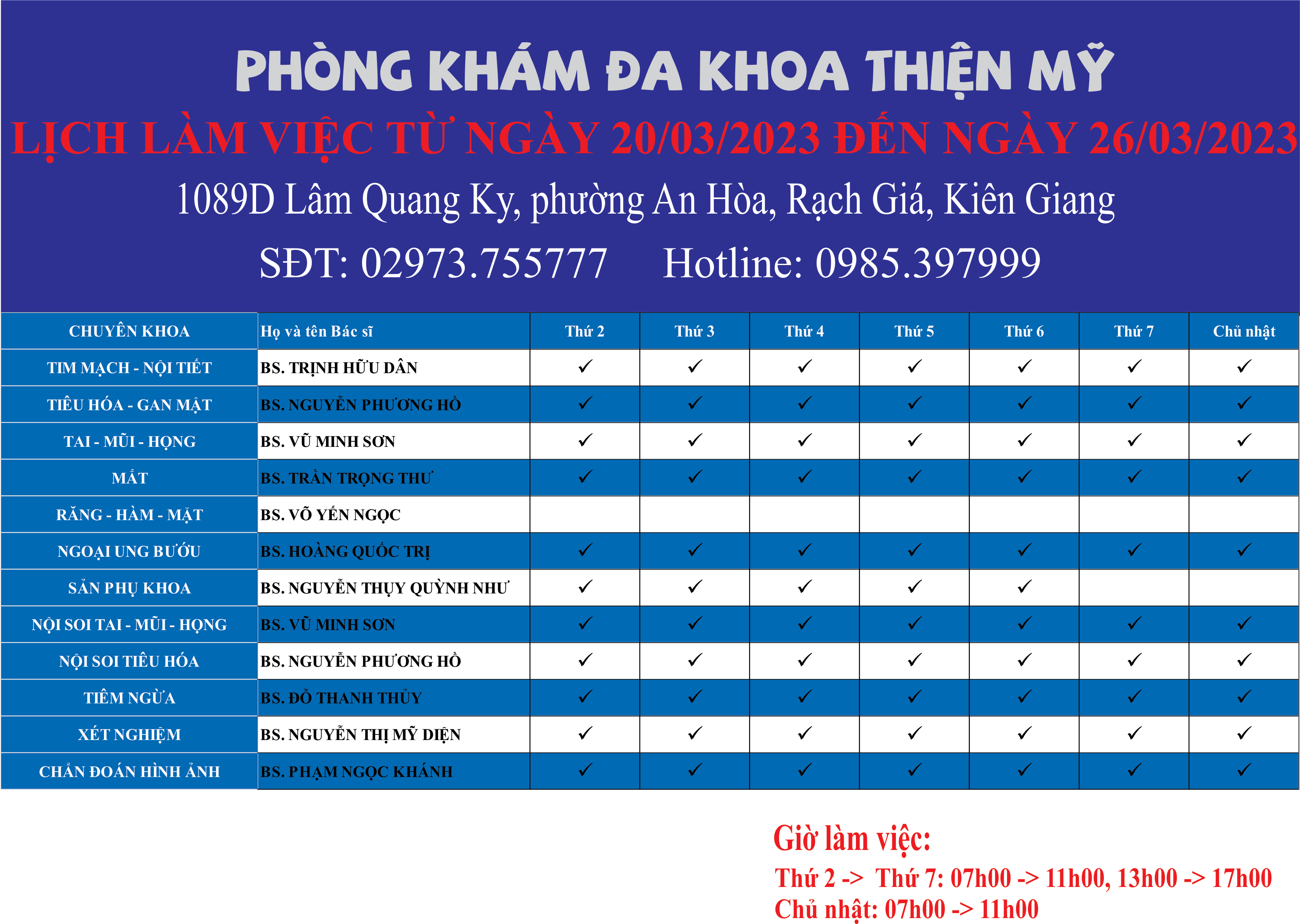 LỊCH LÀM VIỆC TỪ NGÀY 20/03/2023 ĐẾN NGÀY 26/03/2023